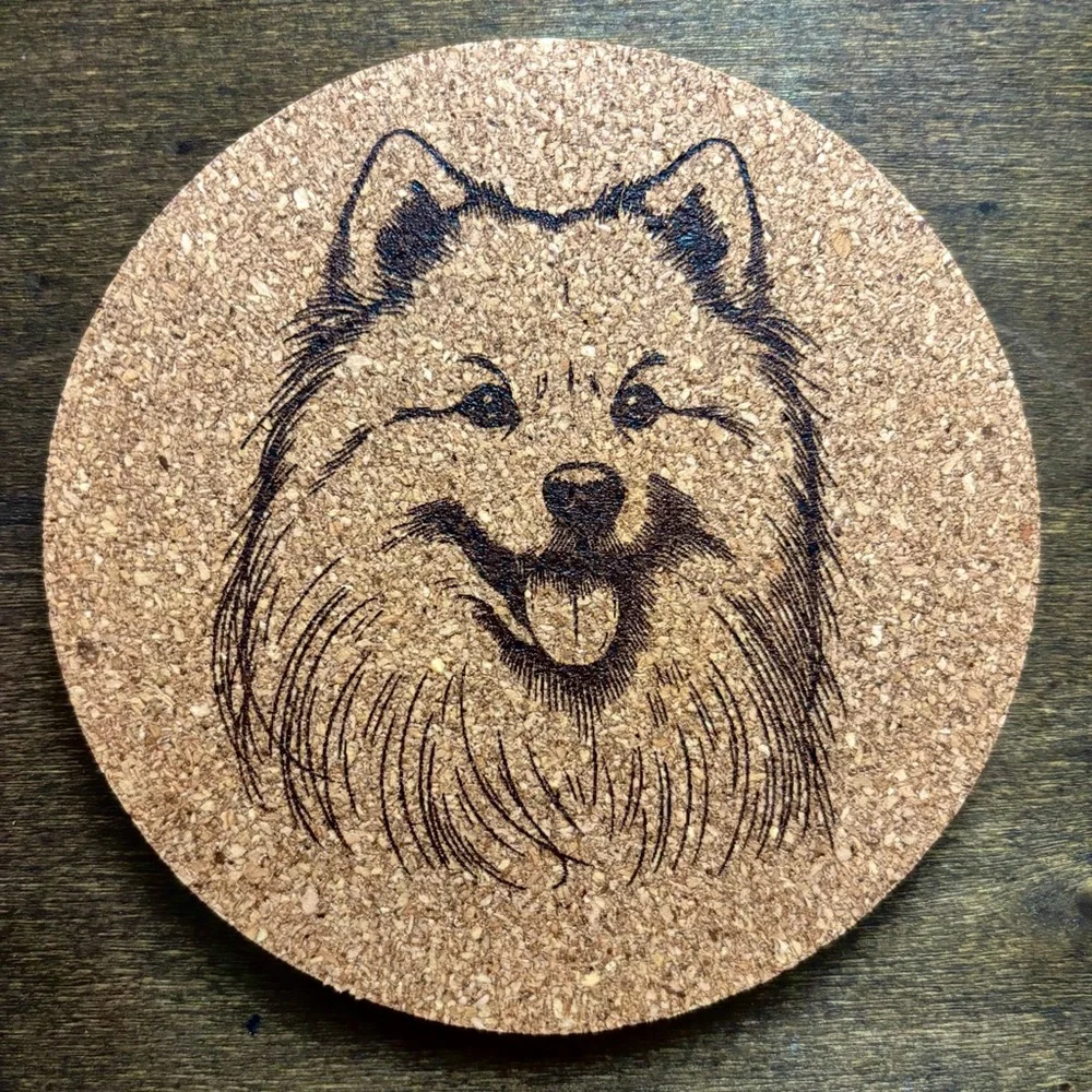 American Eskimo Dog Face Laser Engraved Cork Coaster